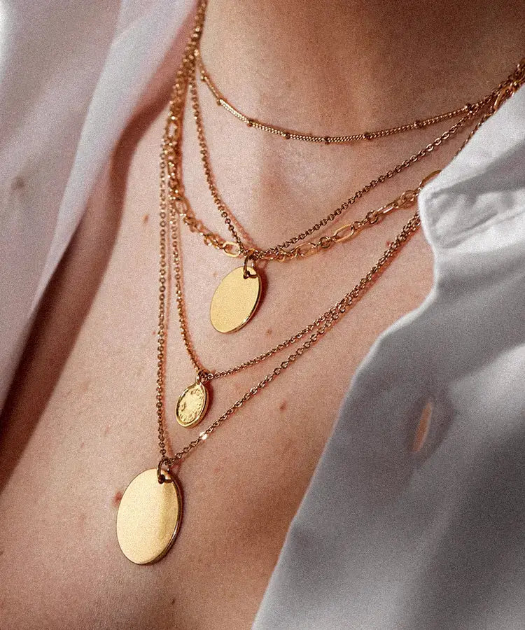 layering gold necklaces tips guide with layered gold chains and pendants on a neckline.