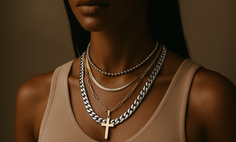 Stylish necklaces showcasing the latest jewellery trends 2025 with a mix of chains and pendants.