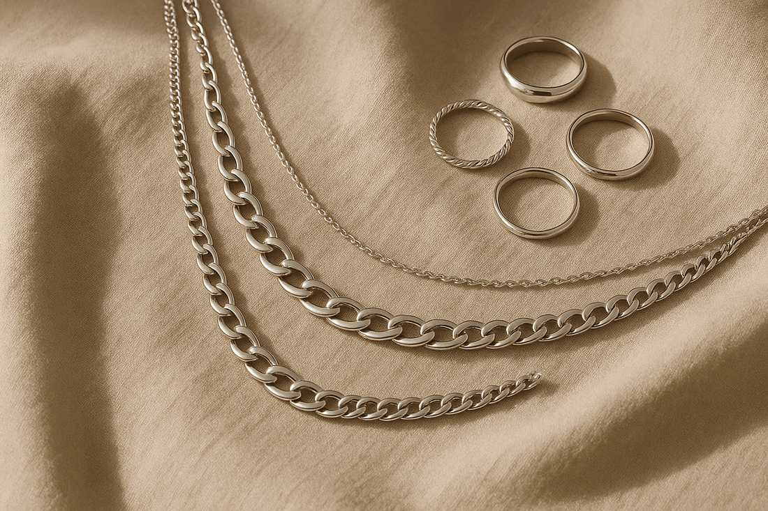 style silver jewellery modern look featuring elegant rings and chains displayed on fabric.