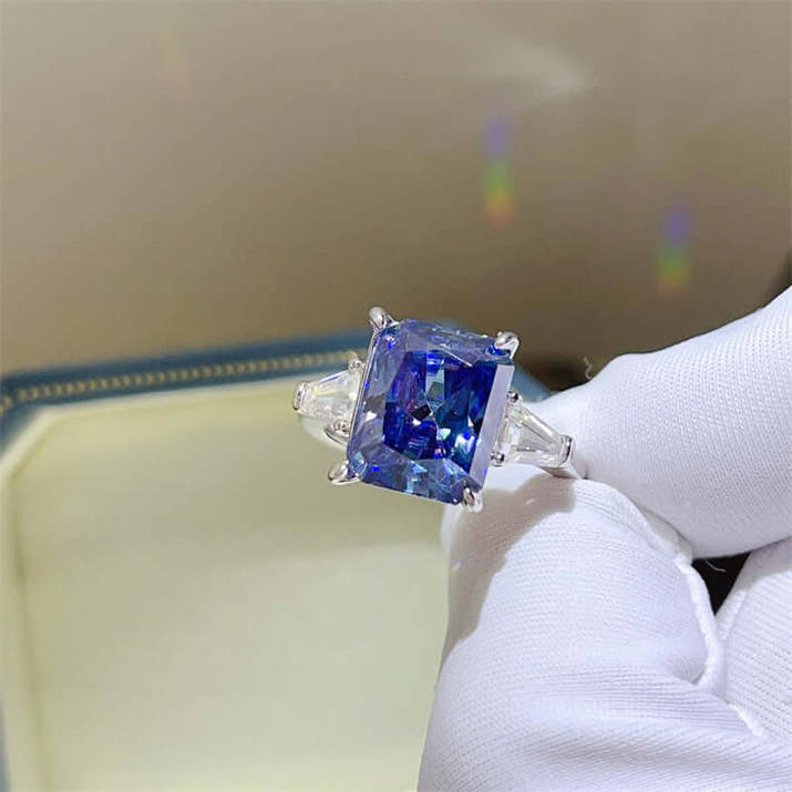 Blue Moissanite Ring 5 Carat Sapphire set in 925 sterling silver, showcasing brilliant sparkle and luxury by DTP Jewellery.