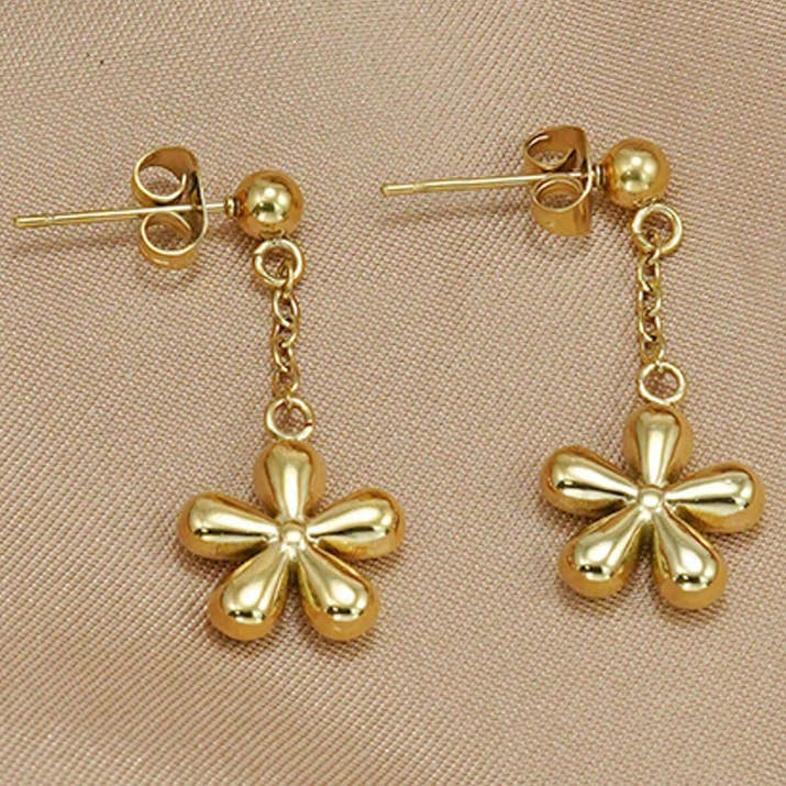 Gold Flower Necklace Set earrings featuring dangling gold flower charms, stylish and elegant design from DTP Jewellery.
