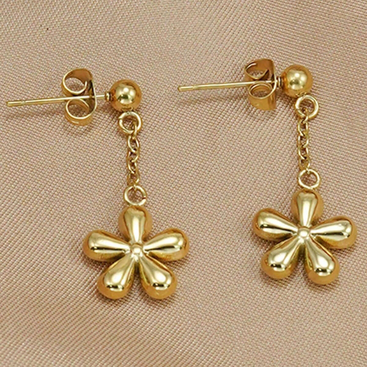 Gold Flower Necklace Set earrings featuring dangling gold flower charms, stylish and elegant design from DTP Jewellery.