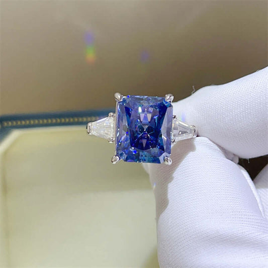 Blue Moissanite Ring 5 Carat Sapphire set in 925 sterling silver, showcasing brilliant sapphire-blue gem.