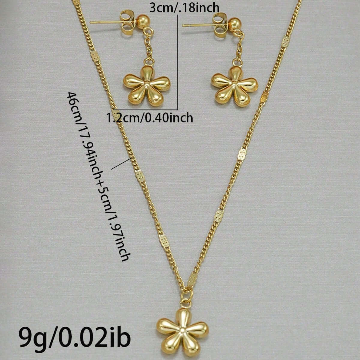 Gold Flower Necklace Set 18K Plated Stainless Steel from DTP Jewellery with matching earrings.