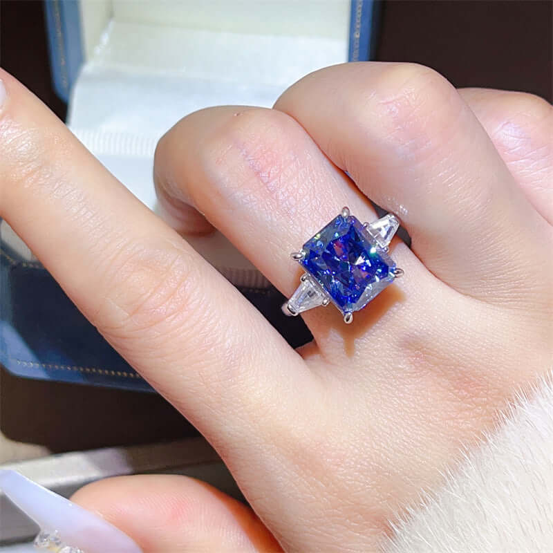 Blue Moissanite Ring 5 Carat Sapphire showcased on a hand, featuring premium 925 sterling silver setting.