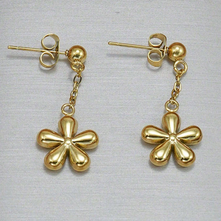 Gold Flower Necklace Set with floral charm earrings in 18K gold plated stainless steel by DTP Jewellery.