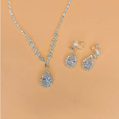 Full Rhinestone Zircon Water Drop Necklace Earrings Jewelry Set