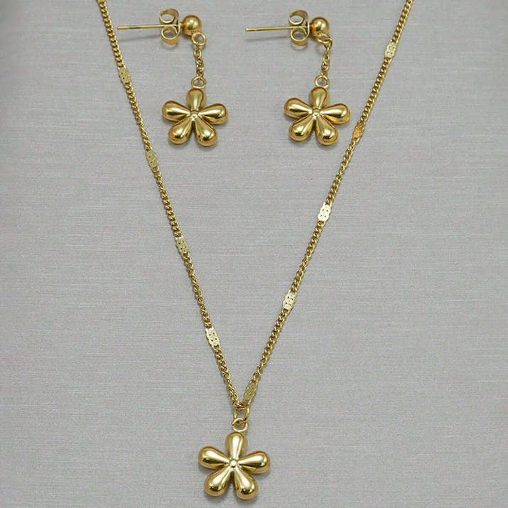Gold Flower Necklace Set featuring a floral pendant and matching earrings, 18K gold plated, DTP Jewellery.