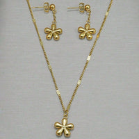 Gold Flower Necklace Set featuring a floral pendant and matching earrings, 18K gold plated, DTP Jewellery.