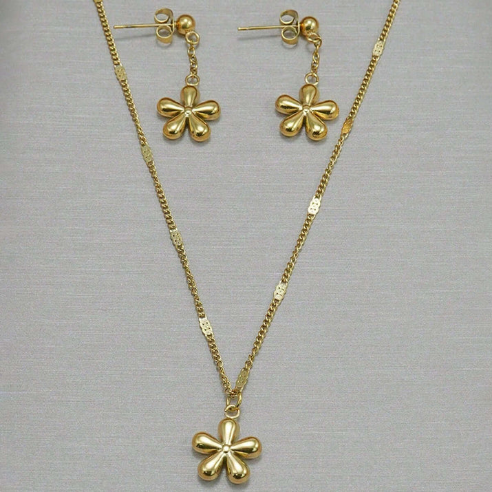 Gold Flower Necklace Set featuring a floral pendant and matching earrings, 18K gold plated, DTP Jewellery.