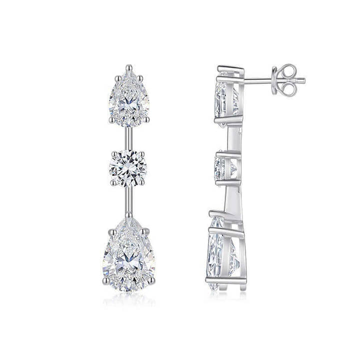 Moissanite Earrings in 925 Sterling Silver featuring pear and round brilliant stones by DTP Jewellery.